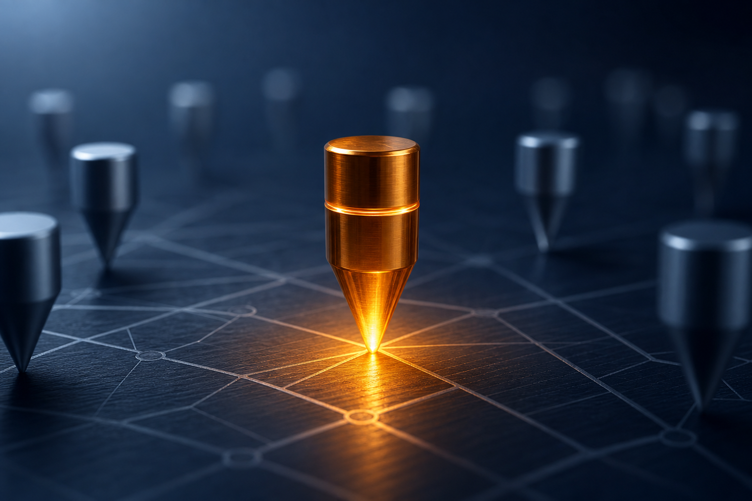 A single glowing amber citation marker stands illuminated on a dark navy grid surface surrounded by unlit steel-blue markers in soft focus, symbolizing verified visibility among competitors