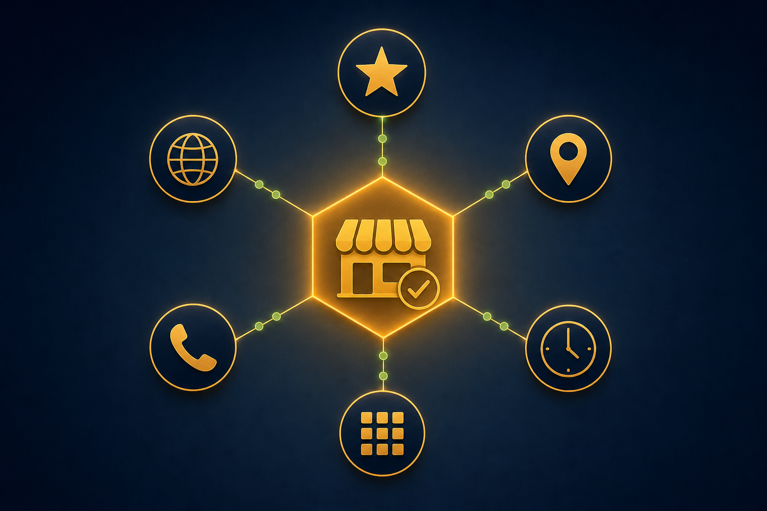 Abstract network diagram showing a central verified business record hexagon connected to six surrounding nodes representing directory signals including reviews, location, hours, contact, services, and website