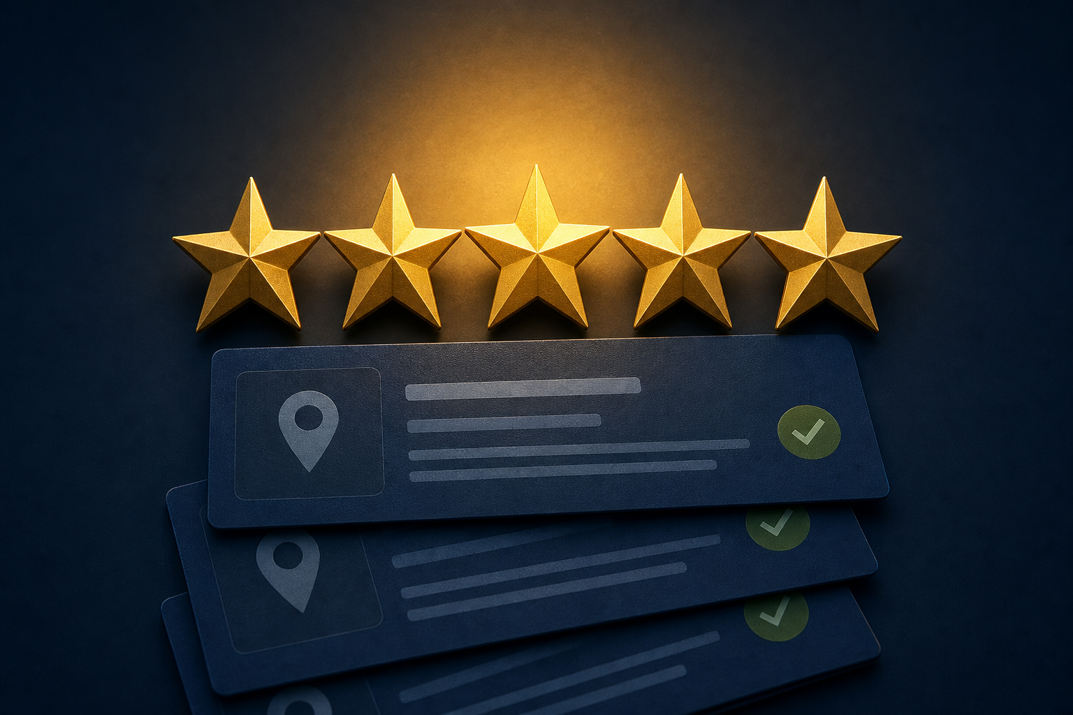 Five amber-gold stars above layered navy review cards with abstract checkmark and location pin indicators on a deep slate background