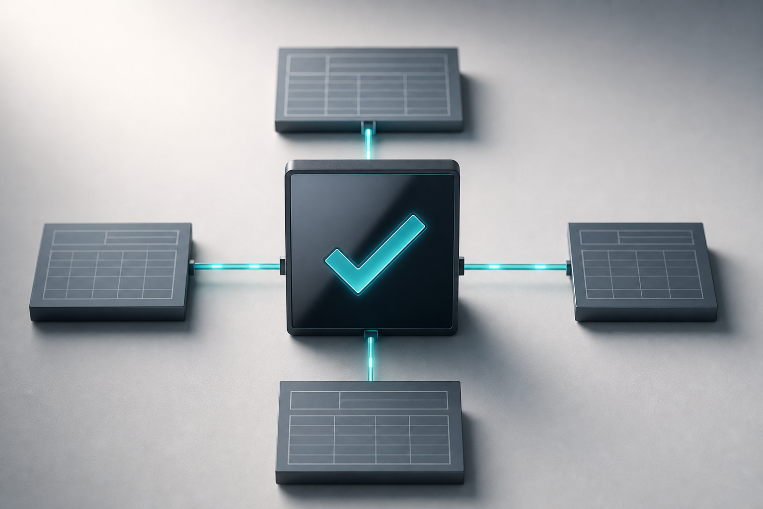 A 3D-rendered central verification card with a teal checkmark connects via structured lines to four surrounding data panels, symbolizing consistent and independently verifiable company identity across multiple sources.
