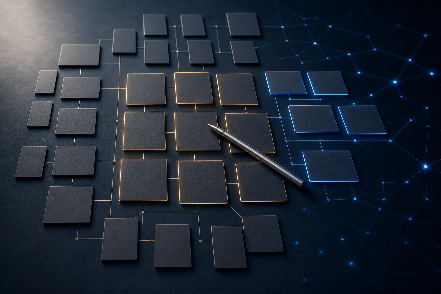 Top-down view of a structured grid of blank rectangular cards arranged in a mapped cluster on a navy desk, connected by geometric lines and highlighted with amber and electric blue accents, with a brushed-metal stylus resting across the focal group