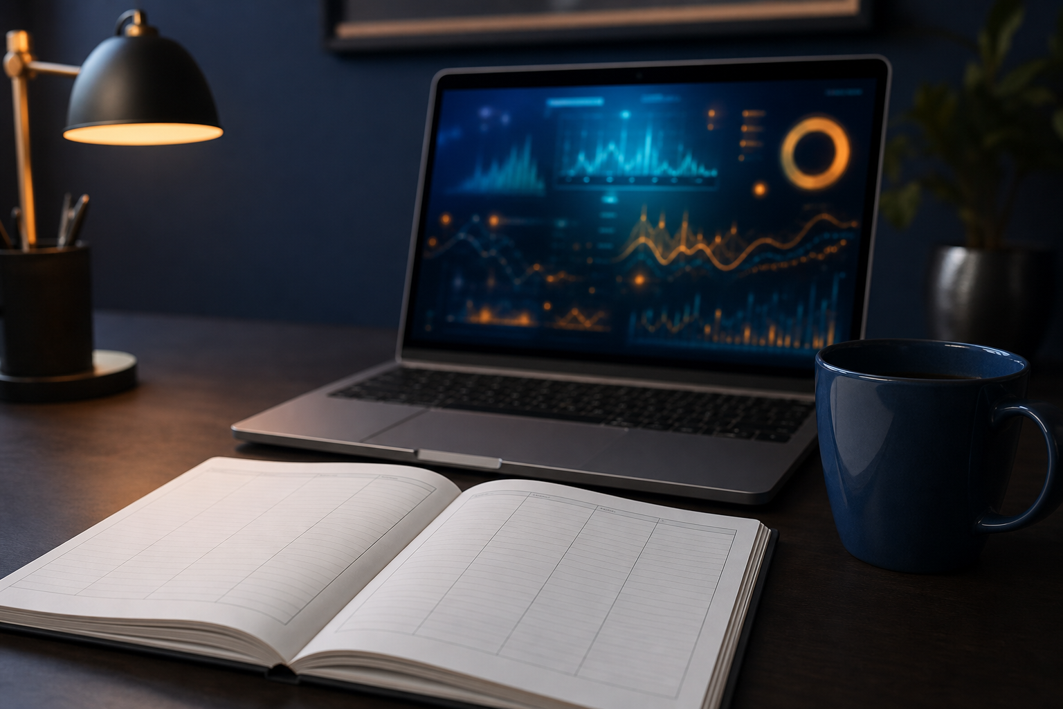 A professional desk workspace with an open structured tracking worksheet in the foreground and a laptop displaying an abstract glowing data dashboard, representing a systematic ChatGPT visibility measurement routine