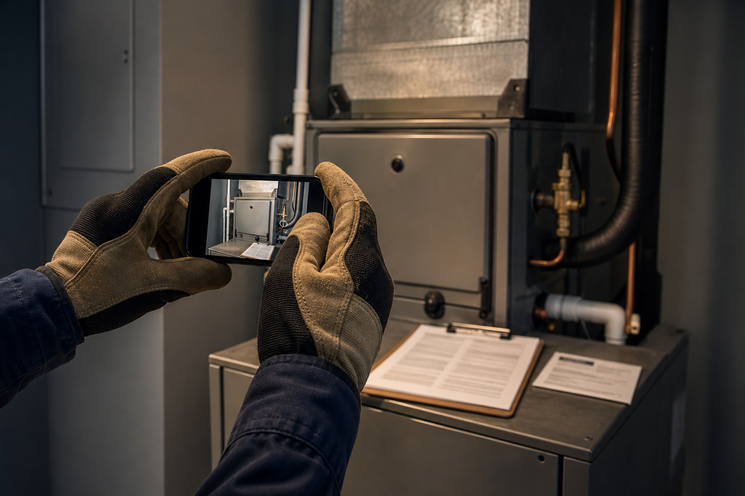 Technician's gloved hands documenting a completed HVAC installation with a smartphone, with a clipboard and certification card resting on the equipment