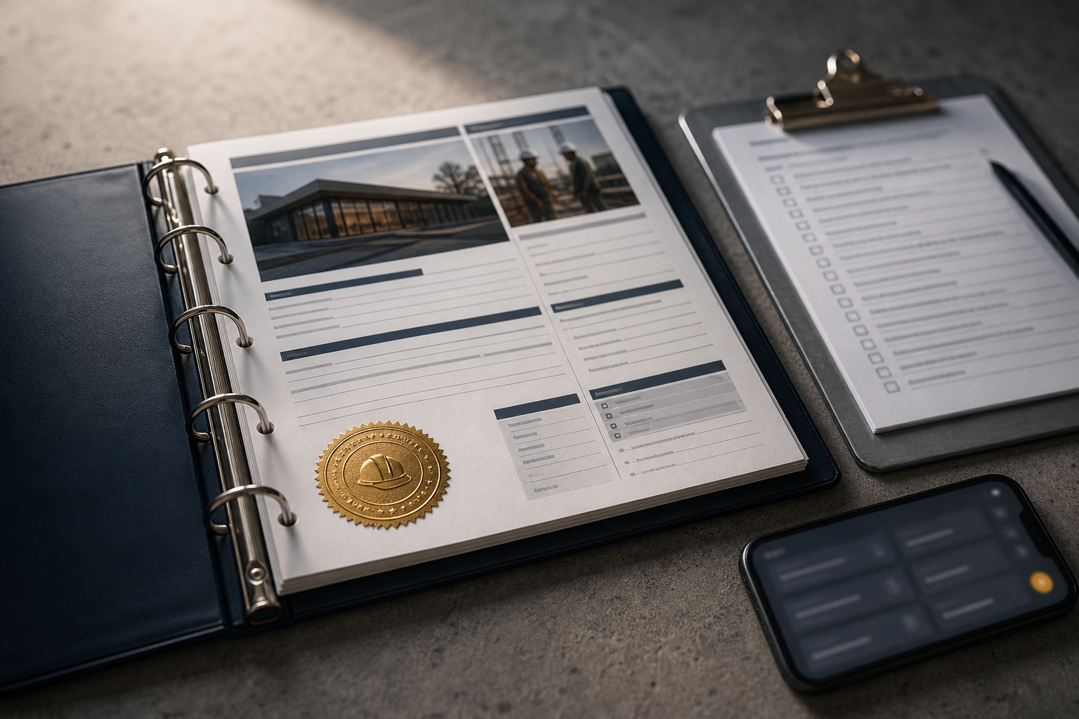 A trade publication profile binder open on a concrete work surface beside a clipboard checklist and a smartphone with a glowing amber dashboard indicator, illustrating third-party citation authority for local SEO.