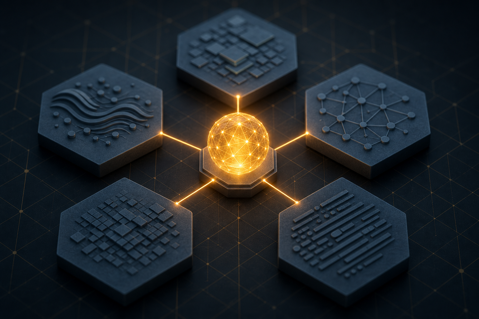 Overhead view of five slate-blue hexagonal platform tiles arranged symmetrically around a central glowing amber-gold node, connected by luminous lines, representing consistent business identity verified across multiple directories and review platforms