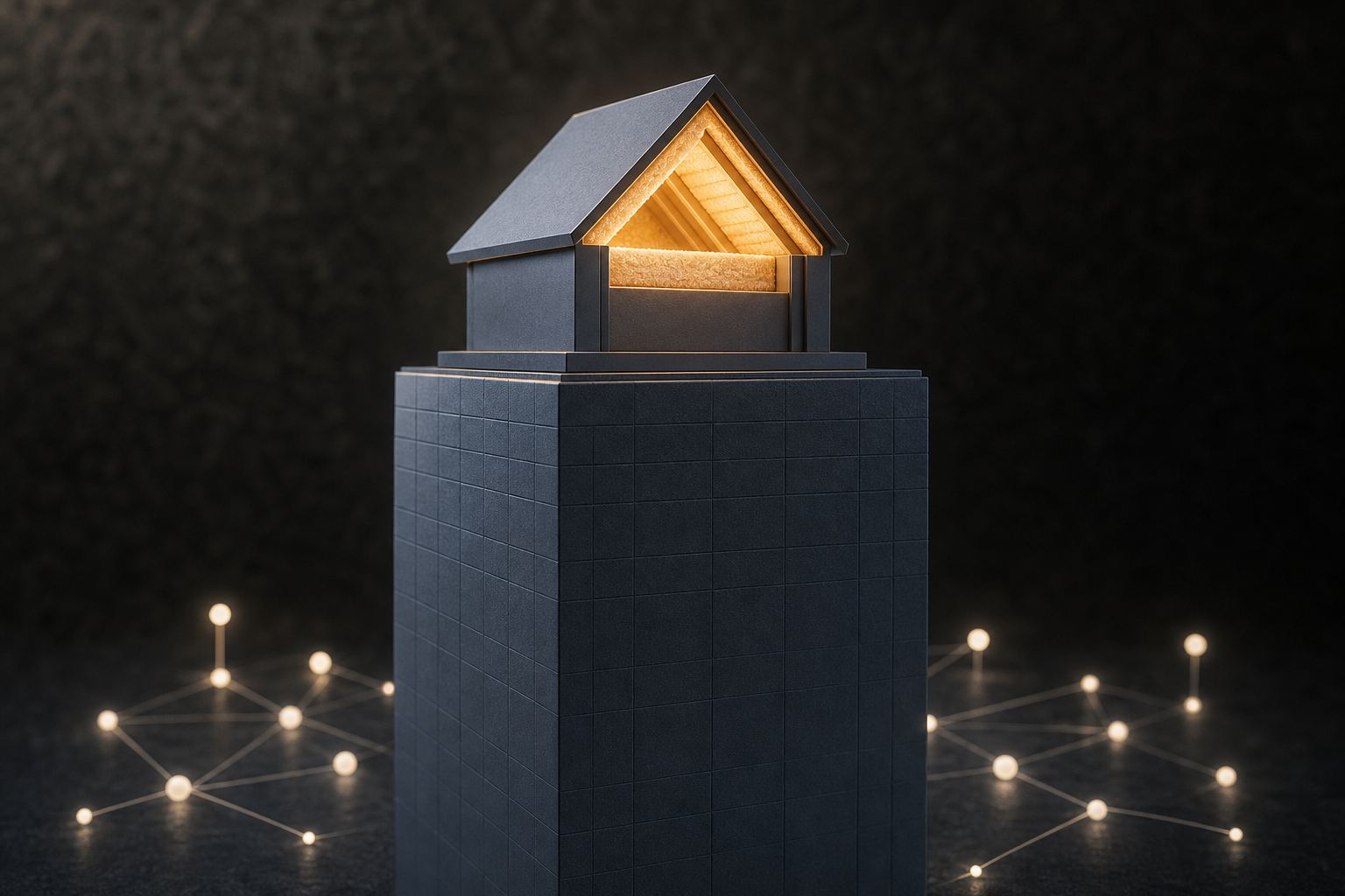 A glowing amber-gold house silhouette rests atop a slate-blue architectural pedestal surrounded by floating geometric citation nodes against a dark charcoal background.