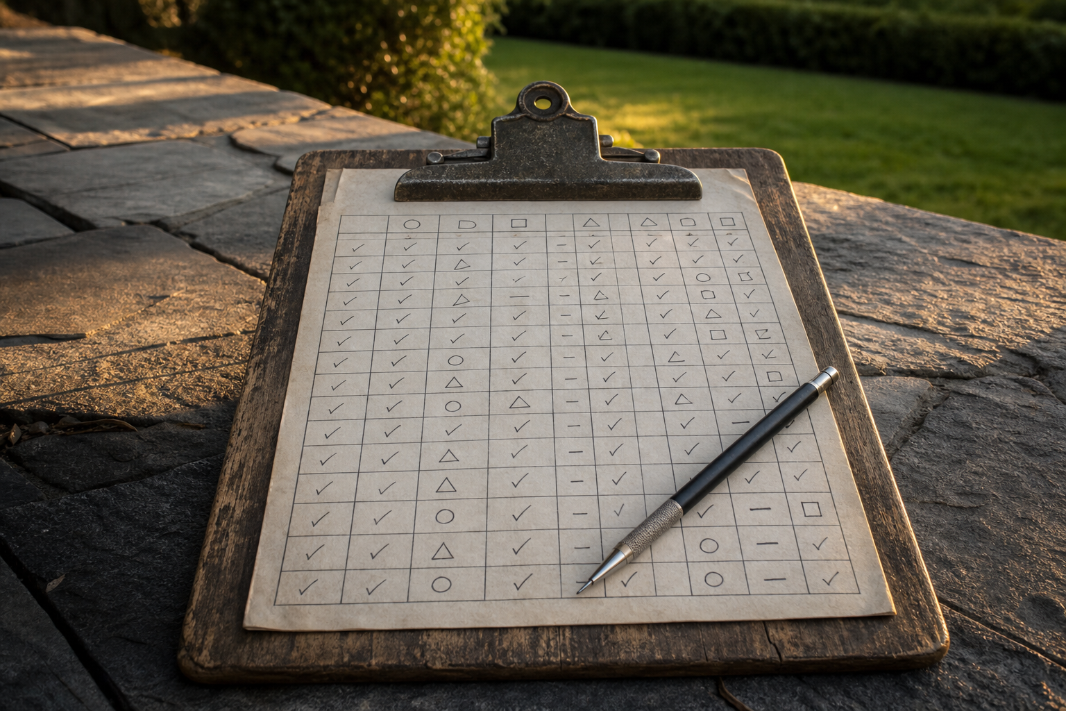 A clipboard with an abstract grid tracking log resting on a stone patio, bathed in warm golden-hour light with a blurred green lawn in the background.
