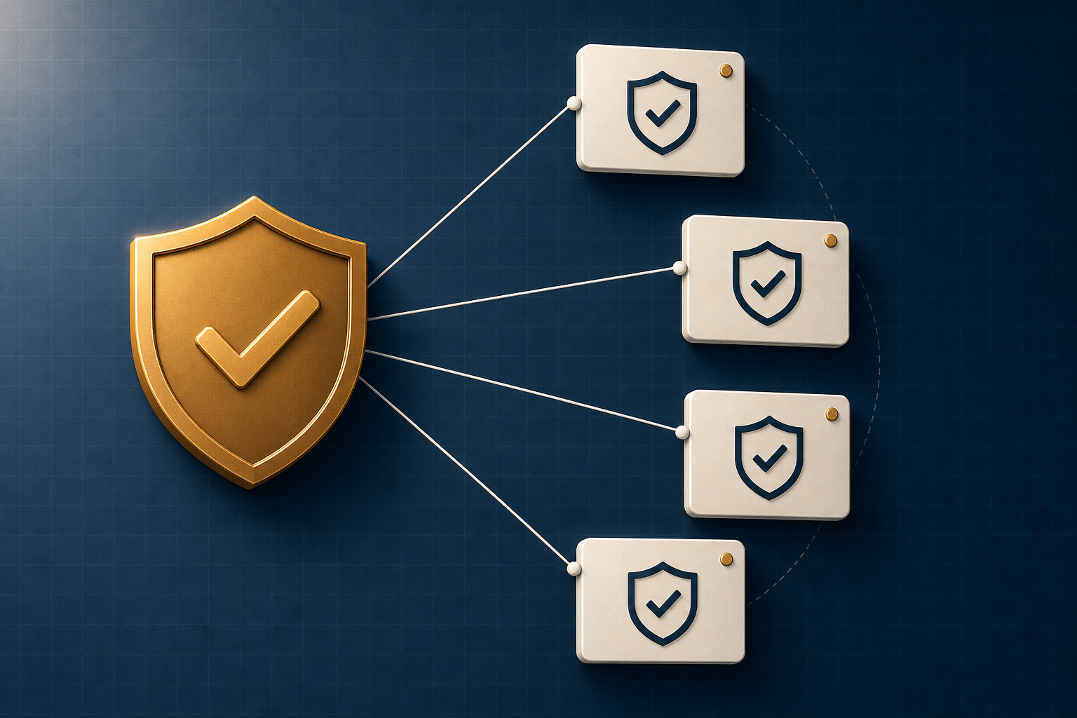 A central amber shield credential icon connected by lines to four identical verification panels, representing the same contractor license or insurance detail published consistently across multiple authoritative sources to create AI corroboration
