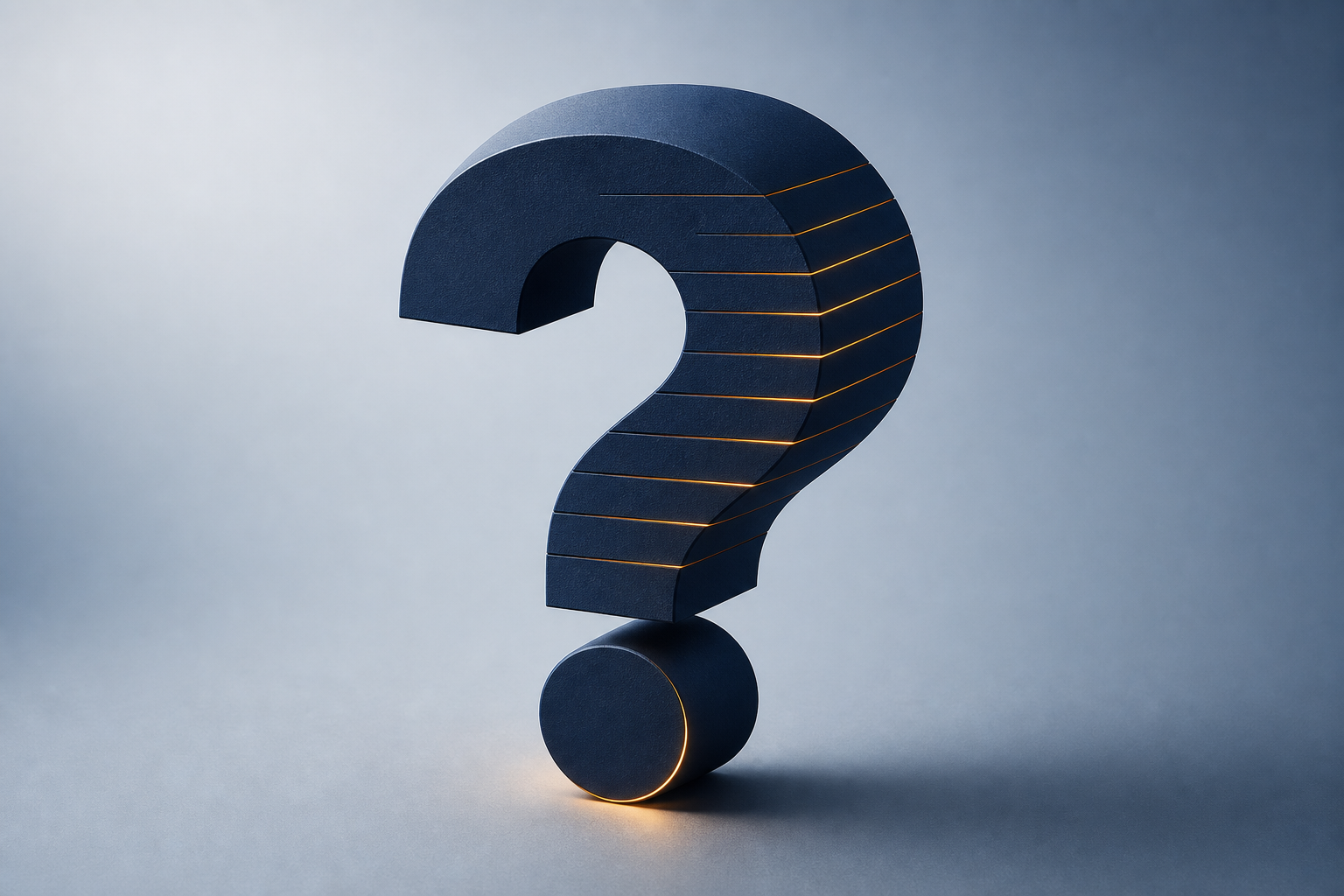 A sculptural navy question mark with amber-lit horizontal data strata embedded in its surface, standing on a slate surface against a cool white-blue gradient background.