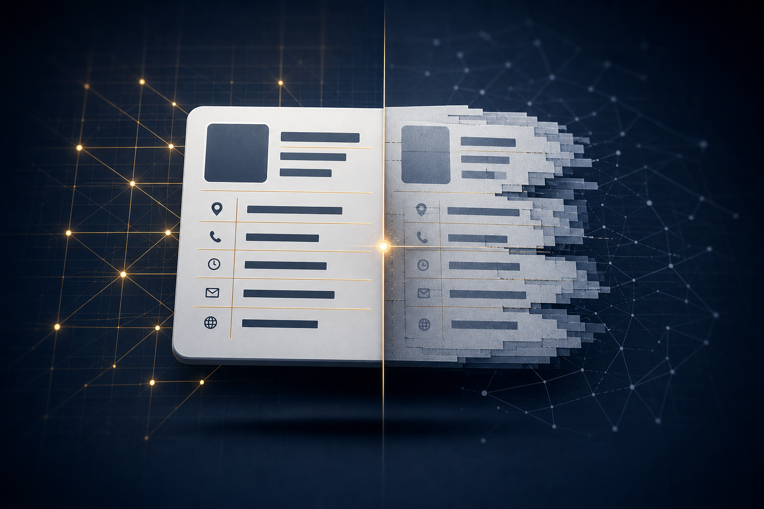 A business identity card split down the middle — one half precisely aligned with amber-gold data nodes, the other half fragmented and misaligned — illustrating how inconsistent entity data fractures AI trust signals.