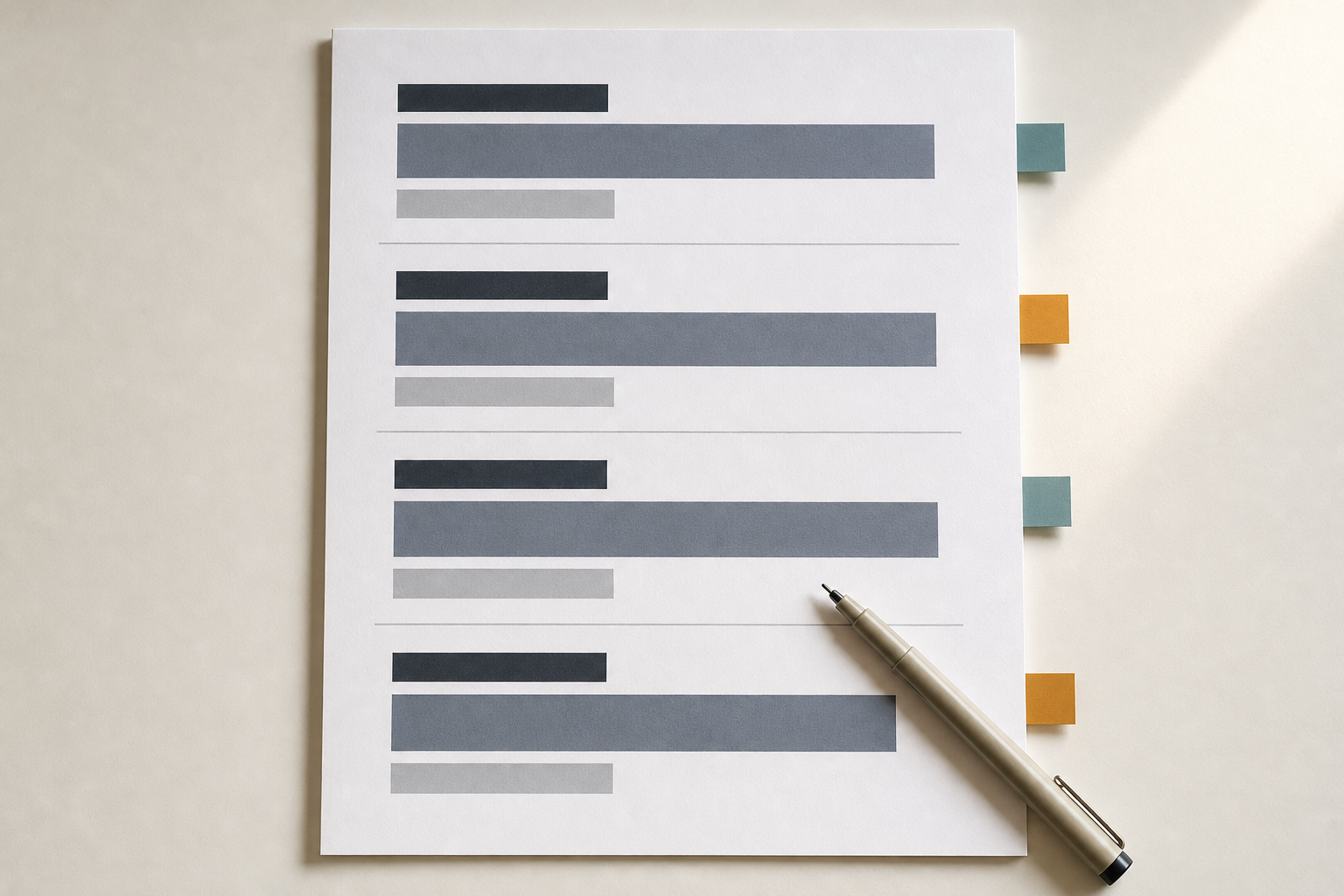 A structured printed document with section dividers and colored index tabs on a clean desk beside a pen, representing answer-first content architecture for pest control service pages