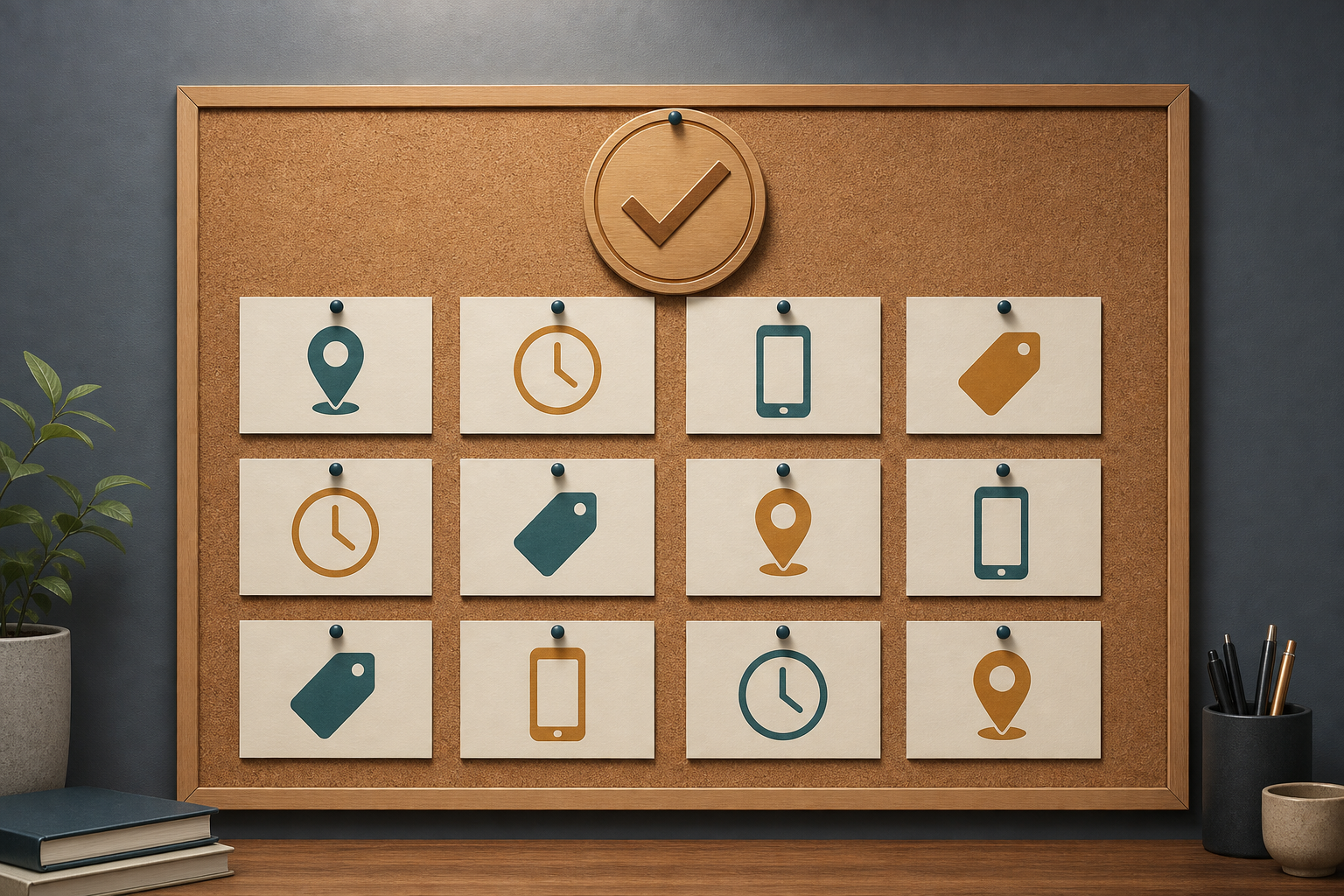 A cork pinboard with organized index cards featuring abstract service icons and a central verification checkmark token, representing a complete and verified Google Business Profile