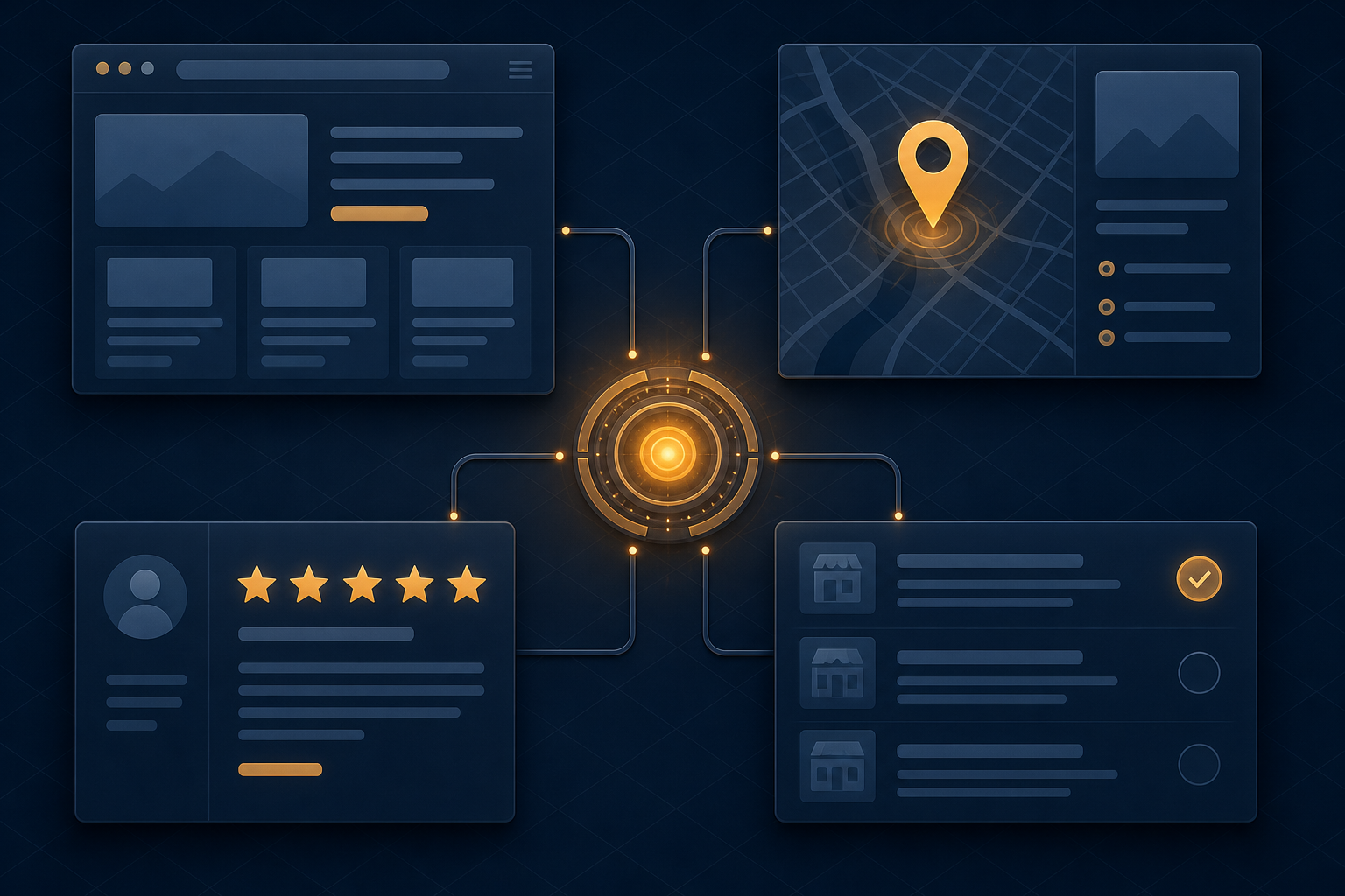 Four local business signal panels - website, map profile, review card, and directory listing - connected by lines converging on a central amber node, representing unified local business identity