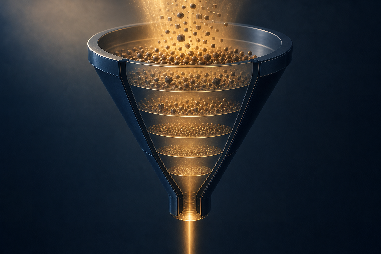 A glowing geometric funnel filters warm amber light through layered stages, symbolizing the structured process of earning AI Overview selection through progressive SEO refinement.