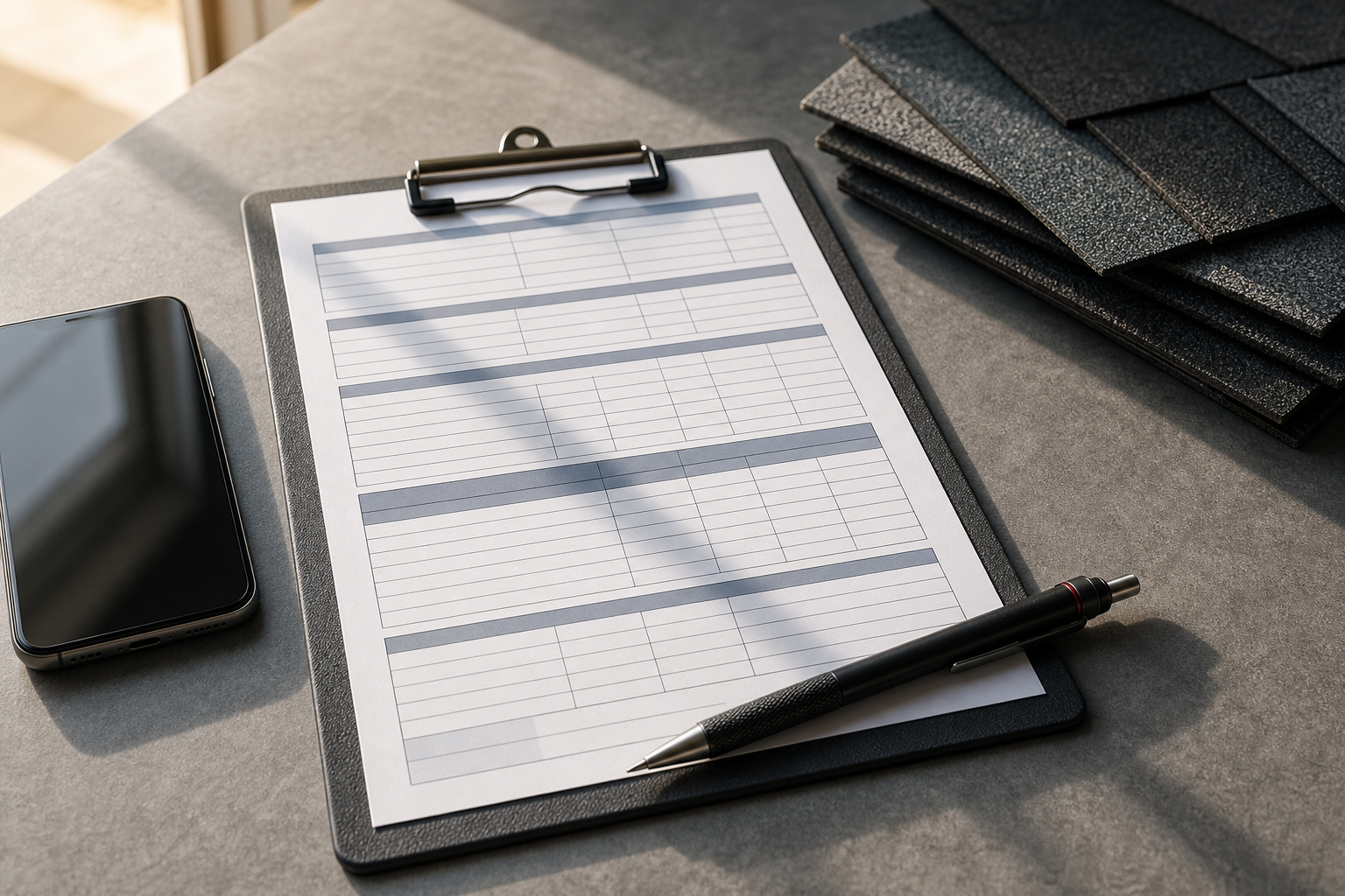 A roofing contractor's clipboard with a structured checklist form and a mobile phone on a slate-gray work desk, with roofing shingle samples softly visible in the background
