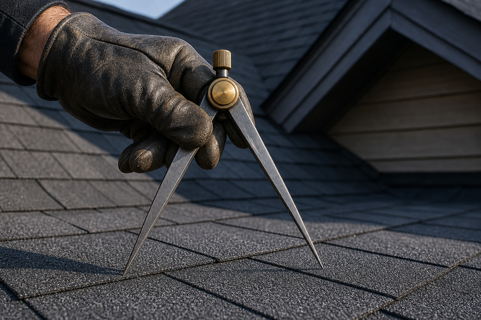 A gloved contractor hand holds a precision compass anchored against a slate-gray asphalt shingle, symbolizing strategic measurement of roofing search visibility.