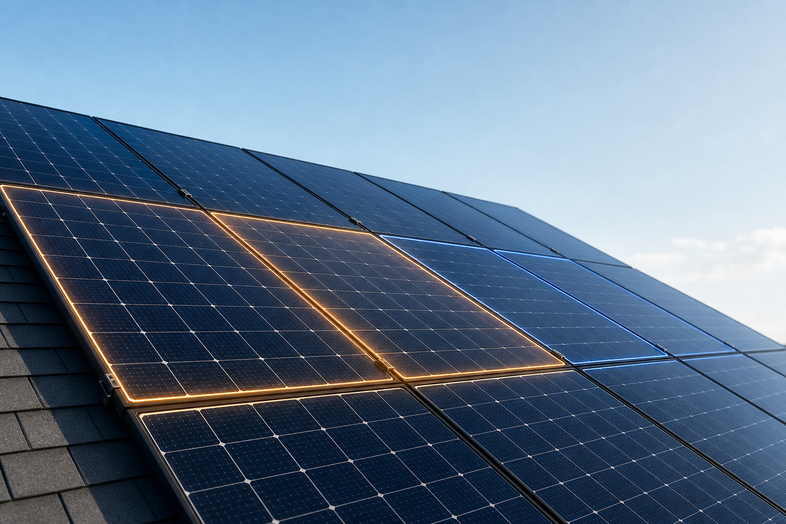 Close-angle view of residential solar panels under daylight with subtle geometric amber and navy shapes suggesting active system monitoring and resolved service alerts