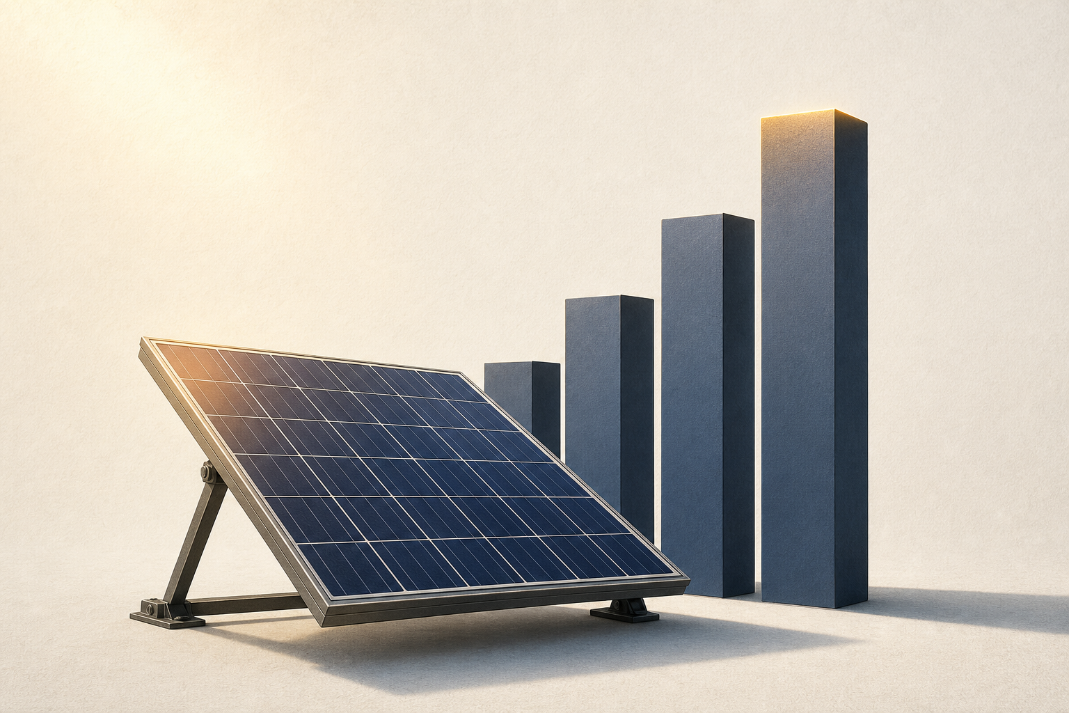 A detailed solar panel in the foreground catches warm amber sunlight while four geometric slate-blue columns rise behind it at varying heights, suggesting structured verification and ranked authority against a clean off-white background.