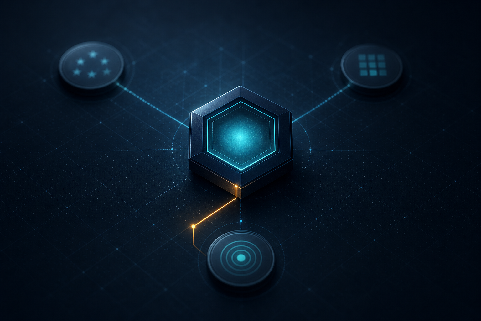 A glowing teal hexagonal node at center connected by structured geometric lines to three orbiting authority-source nodes in deep navy and slate, with an amber accent tracing the citation path back to the focal point