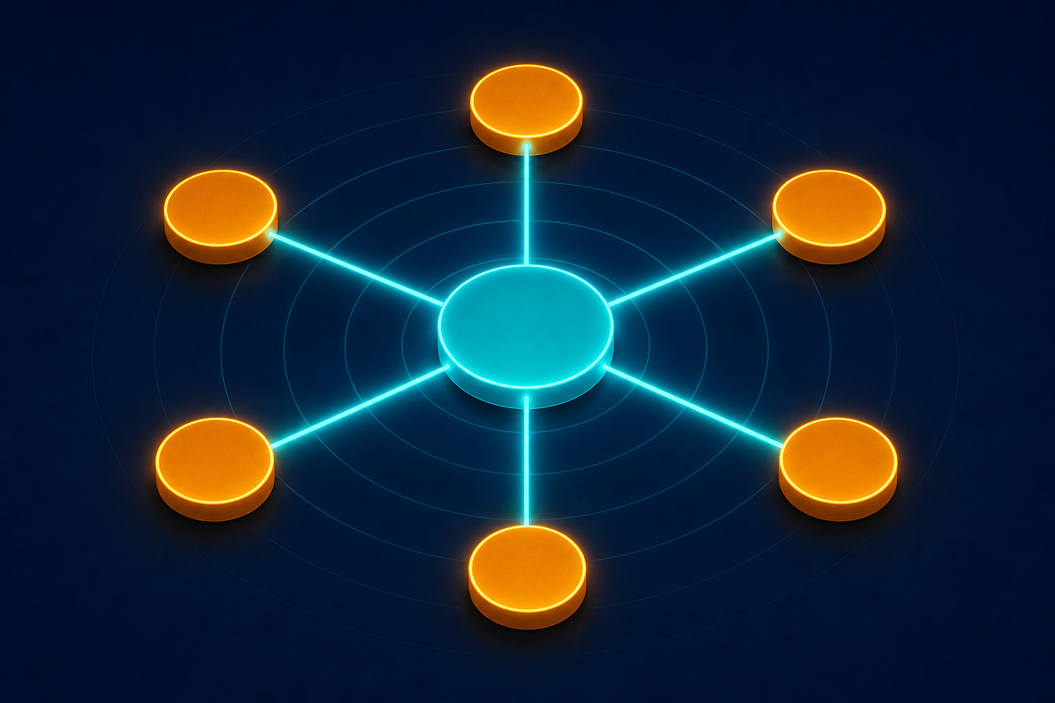 Geometric network diagram with a central teal node connected by glowing lines to six amber nodes arranged symmetrically, representing a local restoration company building entity authority through consistent cross-platform citations